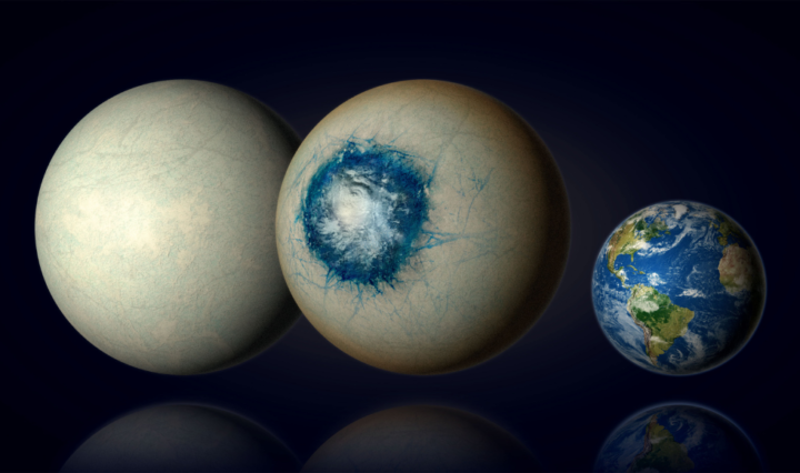 LHS 1140 b may be a world completely covered in ice (left) or an ice world with a liquid substellar ocean and a cloudy atmosphere (centre). It is 1.7 times the size of the Earth and is the most promising habitable zone exoplanet yet in our search for liquid water beyond the solar system.