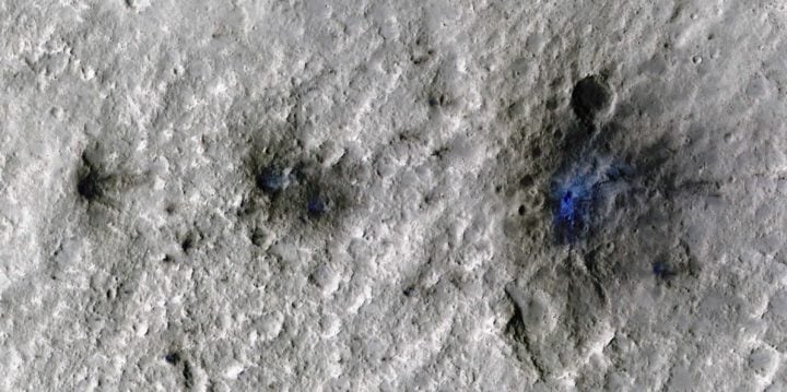 First meteoroid impact detected by NASA’s InSight mission; the image was taken by NASA’s Mars Reconnaissance Orbiter using its High-Resolution Imaging Science Experiment (HiRISE) camera. 