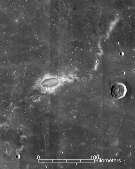 This image from NASA’s Lunar Reconnaissance Orbiter (LRO) depicts lunar swirl Reiner Gamma, a bright patch amid the otherwise dark Oceanus Procellarum mare. While visible from a backyard telescope, LRO’s view from orbit reveals tendrils that extend for several hundred kilometers. 