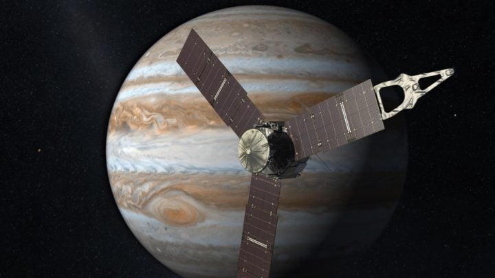 This artist concept depicts the Juno spacecraft which arrived at Jupiter in 2016 after a five-year journey to study the giant planet. 