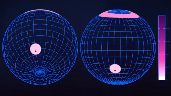 Millisecond pulsar PSR J0437-4715. On the left as seen from Earth. On the right as seen from the star's equatorial plane. The purple-pink color indicates the temperature of the hot spots at the poles. White is relatively cool. Purple is hot. The hot magnetic poles are not exactly opposite each other. 