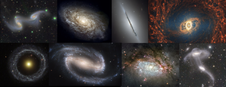 Images of galaxies of a variety of shapes and sizes. New research shows that galaxies with more nearby neighbors tend to be larger. 