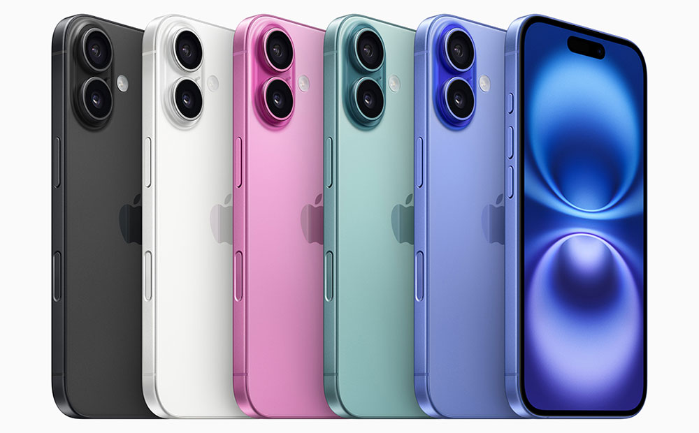 iPhone 16 color options:  black, white, pink, teal, and ultramarine