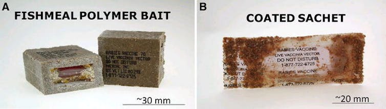 Cube and sachet filled or covered with brown crumb-like substance