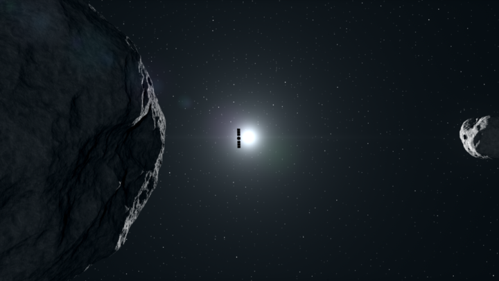 Artist impression of Hera gliding past Didymos to Dimorphos