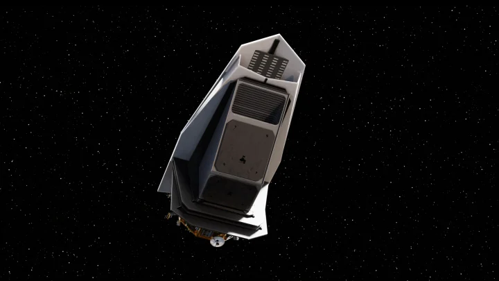 This artist’s concept depicts NASA’s NEO Surveyor in deep space. The black-paneled angular structure in the belly of the spacecraft is the instrument enclosure that is being built at JPL. The mission’s infrared telescope will be installed inside the enclosure.