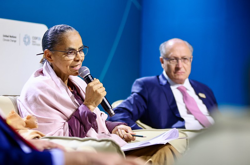 Brazil's environment minister Marina Silva and vice-president Geraldo Alckmin at a panel at COP29 in Baku, Azerbaijan.