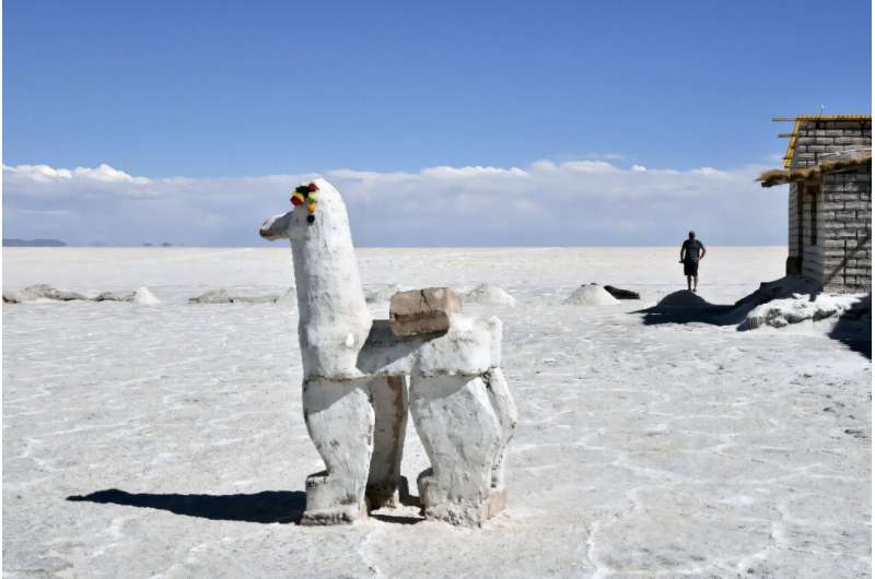 A sculpture is seen at the Uyuni salt flat in Bolivia, where dense earth makes it harder to mine the metal compared to operations in competitor Chile;t, the world's largest salt flat, in Uyuni, southern Bolivia, on November 9, 2016. In the heart of the ‘l