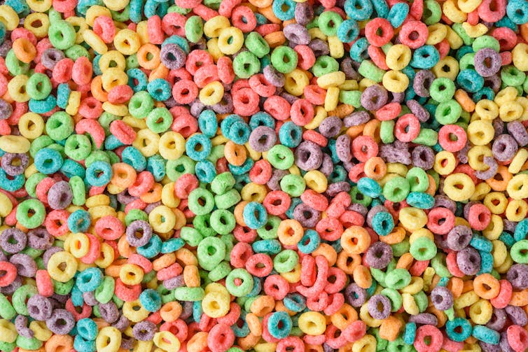 Close-up of colorful cereal loops