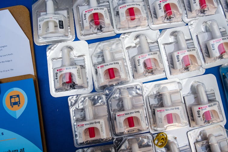 Rows of Narcan nasal spray in its packaging