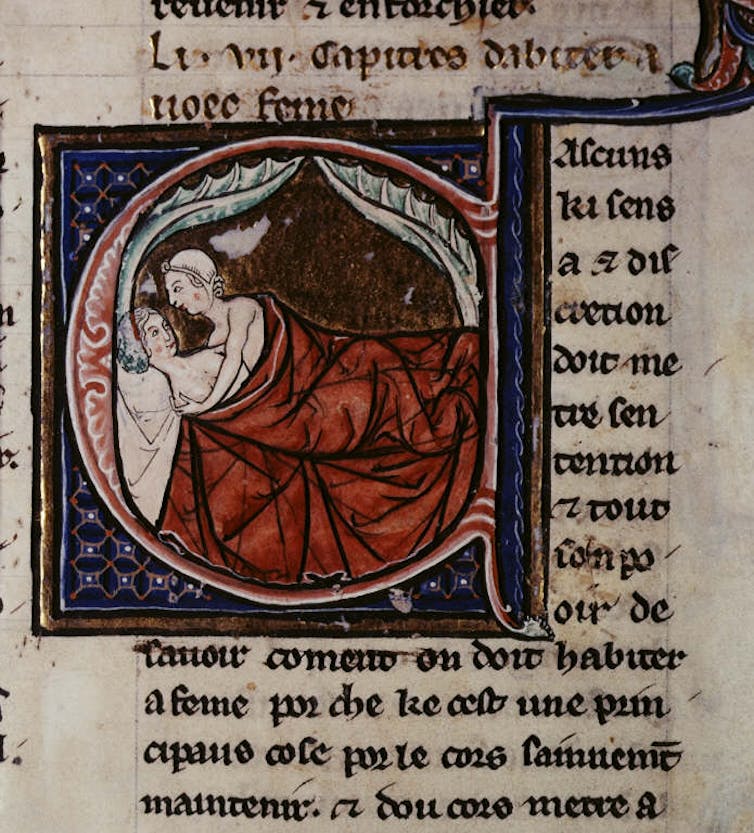 Medieval manuscript illustration of two people embracing in bed