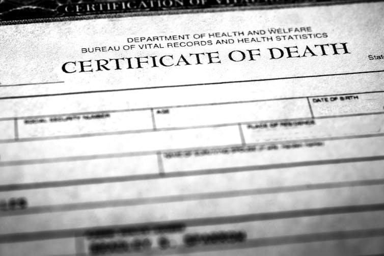 Close-up of blank form titled CERTIFICATE OF DEATH