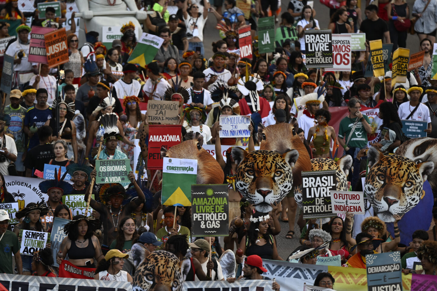 Indigenous people from different ethnicities participate in the Free Land Indigenous Camp, in protest for indigenous rights and fossil fuel development in the Amazon. The march was held in Brasilia, Brazil, April 10, 2025. Photo: Mateus Bonomi/AGIF