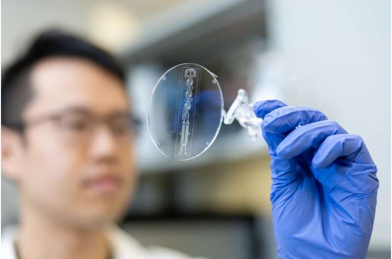 University of Cincinnati doctoral student Heeyong Jang holds up a lab-on-a-chip microfluidic lateral flow assay to measure hormones in a point-of-care device. Credit: Andrew Higley UC lab-on-a-chip devices take public health into home