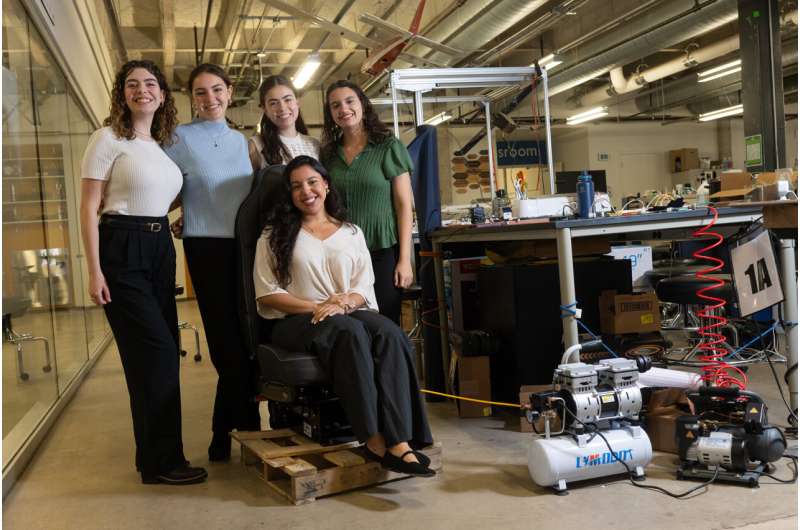 The team poses for a photo at the OEDK at Rice University. Credit: Jeff Fitlow/Rice University. Cushion Queens bring comfort to the commute: Rice University students design mechanotherapeutic seat for bus drivers