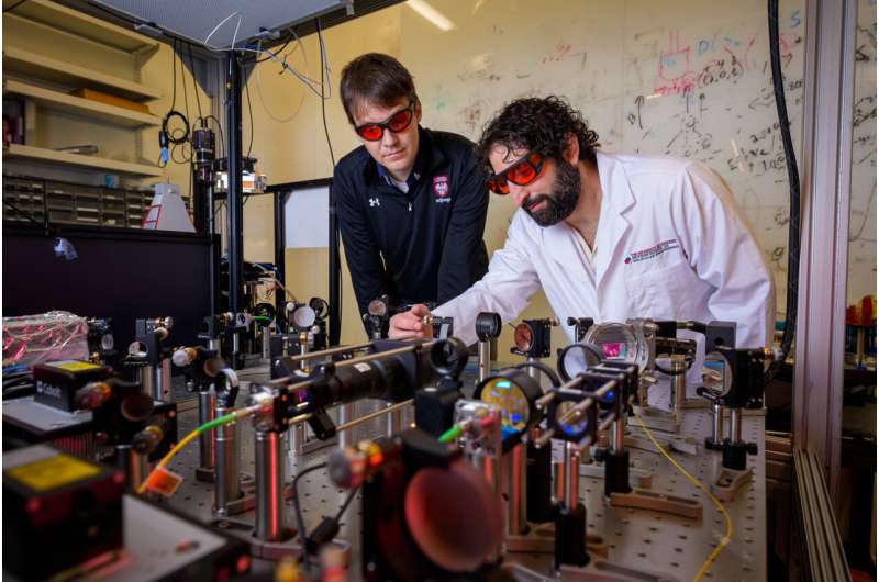 In a new paper, University of Chicago Pritzker School of Molecular Engineering researchers, including Asst. Prof. Peter Maurer (left) and first author and Ph.D. candidate Uri Zvi (right), and their collaborators created a revolutionary new quantum biosensor that sheds light on a longstanding question in quantum materials. Credit: Jason Smith New biosensor solves old quantum riddle