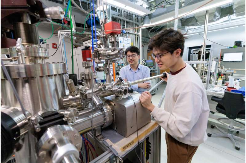 Researchers at the University of Chicago Pritzker School of Molecular Engineering, including Asst. Prof. Shuolong Yang (left) and graduate student Khanh Duy Nguyen, have discovered one of the world's thinnest semiconductor junctions naturally forming within a promising quantum material. Credit: John Zich Scientists discover one of the world's thinnest semiconductor junctions forming inside a quantum material