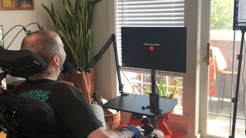 The new BCI system allowed the study participant, who has ALS, to "speak" through a computer with his family in real time, change his intonation and "sing" simple melodies. Credit: UC Regents First-of-its-kind technology helps man with ALS 'speak' in real time