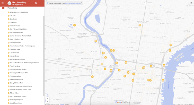 A Google map display on right with a list of mapped locations on the left.