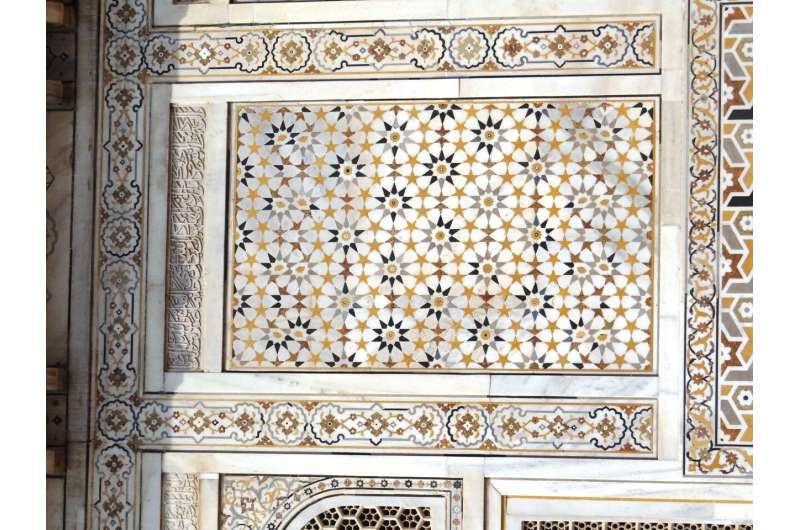 While the symmetry of quasicrystals preclude sequential patterns, their atoms still form repeating motifs similar to the patterns in traditional islamic tile art. This panel on the Tomb of I'timād-ud-Daulah in Agra, India is one example—each individual building block doesn't repeat in a regular sequence from left to right, nor up and down, but the ten-pointed star repeats across the panel. Photo credit: Wikimedia commons. First quantum-mechanical model of quasicrystals reveals why they exist
