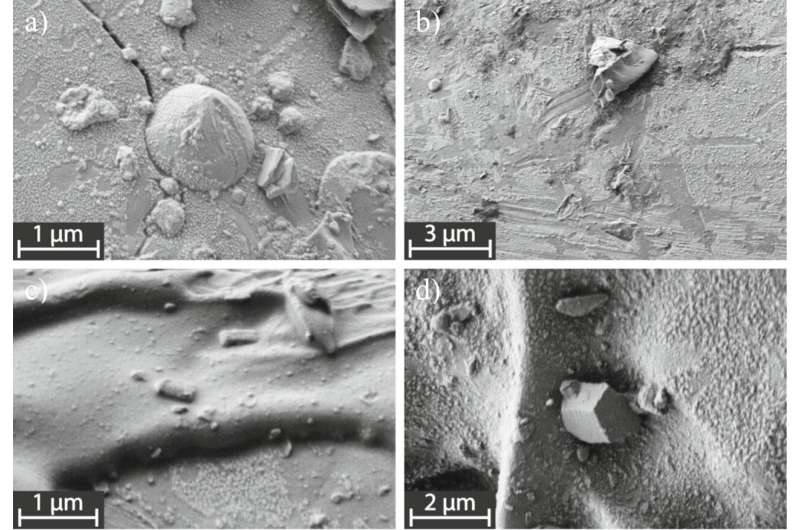 SEM images of features on the surface of 74001 black glass beads. Credit: Icarus (2025). DOI: 10.1016/j.icarus.2025.116607 Why the moon shimmers with shiny glass beads