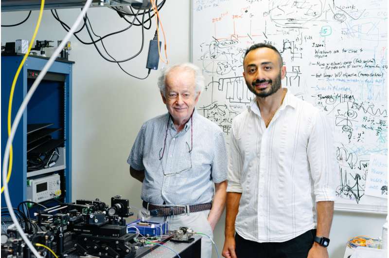 Federico Capasso and Kerolos M. A. Yousef with their experimental setup. Credit: Capasso Lab / Harvard SEAS Could metasurfaces be the next quantum information processors?