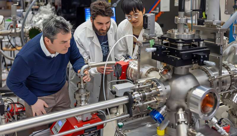 Physicists led by Jak Chakhalian (left) and including Tsung-Chi Wu (right) and Michael Terilli (center) are studying new quantum phenomena that could pave the way for advanced technologies. Credit: Jeff Arban Scientists discover new quantum state at the intersection of exotic materials