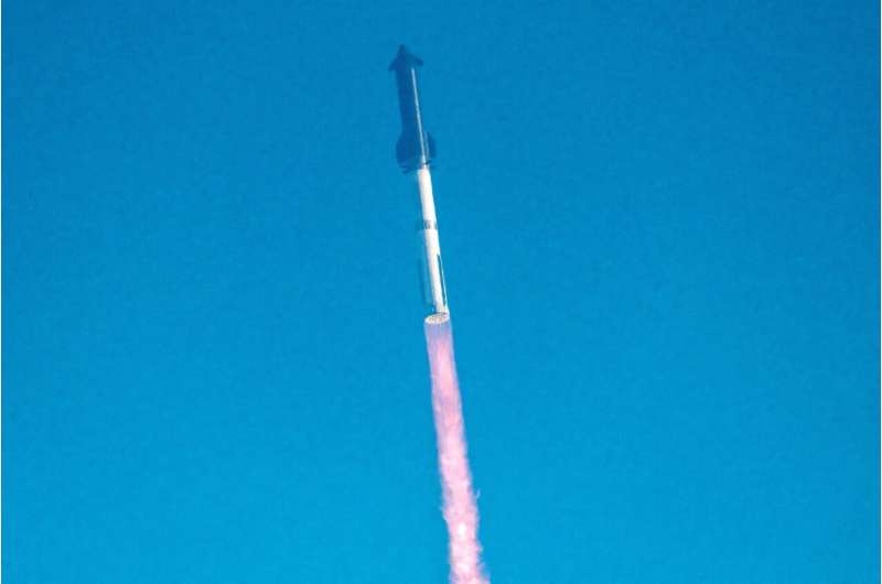 The Starship rocket pictured before exploding during a test flight in late May, 2025