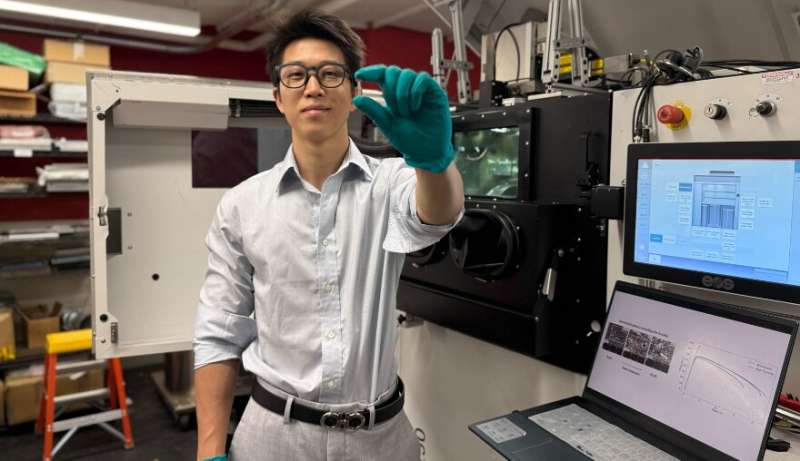 Doctoral student Zhaoxuan Ge shows a sample of the alloy with enhanced as-built ductility. Credit: Carnegie Mellon University A path to higher as-built ductility in printable aluminum alloys
