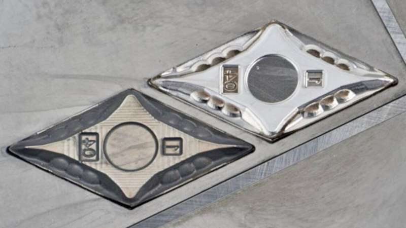 In the newly developed process chain, a USP laser structures hard material components such as this mold tool made of tungsten carbide-cobalt for cutting inserts. The surface structured in this way (right) is then polished with the same laser. Credit: Fraunhofer ILT, Aachen, Germany. Structuring and polishing hard material components with laser pulses in a single clamping operation