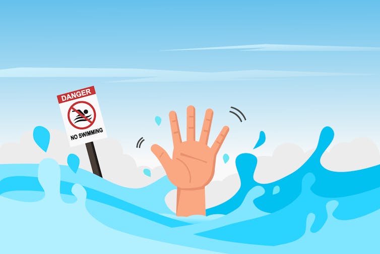 Illustration of a hand reaching out of the water for help, with a 'no swimming' sign in the background.