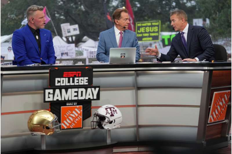From left, Pat Mcafee, Nick Saban and Kirk Herbstreit talk on the set of ESPN College Gameday on Saturday, Aug. 31, 2024, in College Station, Texas. Credit: AP Photo/Sam Craft, File Disney pulls ABC, ESPN and more from YouTube TV as talks break down