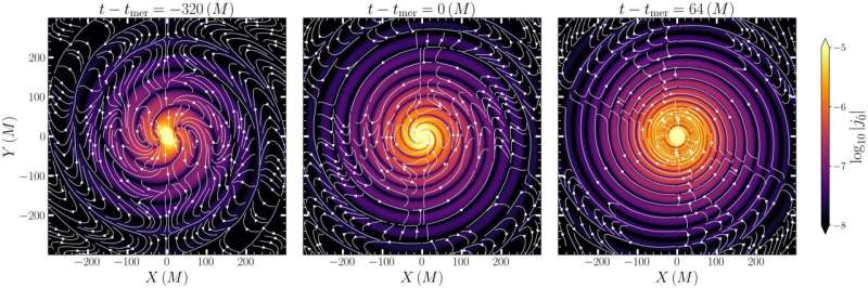 Gravitational wave emission in a binary black hole system, visualized using electric and magnetic fields. Credit: Boyeneni, Wu & Most. Simulations unveil the electrodynamic nature of black hole mergers and other spacetime collisions