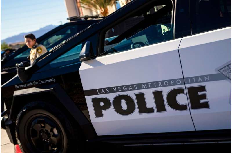 A Tesla Cybertruck owned by the Las Vegas Metro Police department is on display in Las Vegas, Tuesday Oct. 28th 2025. Credit: AP Photo/Ty ONeil Nation's largest fleet of police Cybertrucks to patrol Las Vegas
