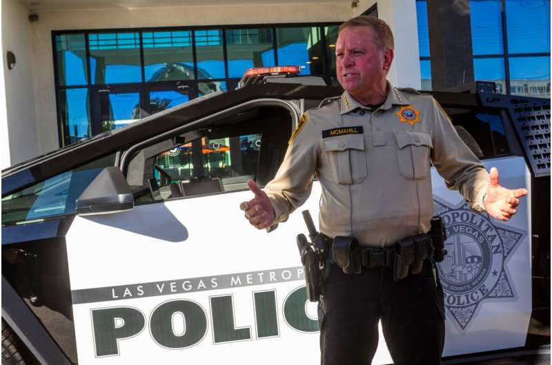 Sheriff Keven McMahill talks about Tesla Cybertrucks owned by the Las Vegas Metro Police department in Las Vegas, Tuesday Oct. 28th 2025. Credit: AP Photo/Ty ONeil Nation's largest fleet of police Cybertrucks to patrol Las Vegas