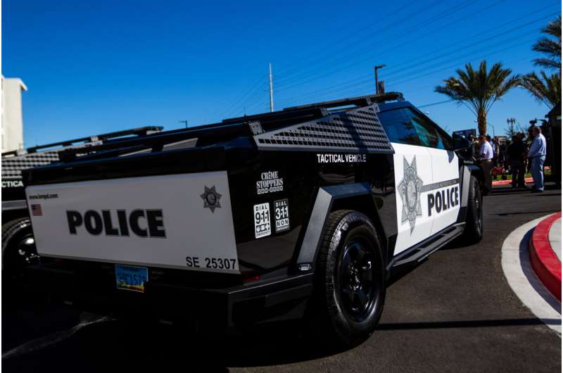 A Tesla Cybertruck owned by the Las Vegas Metro Police department is on display in Las Vegas on Tuesday Oct, 28th 2025. Credit: AP Photo/Ty ONeil Nation's largest fleet of police Cybertrucks to patrol Las Vegas