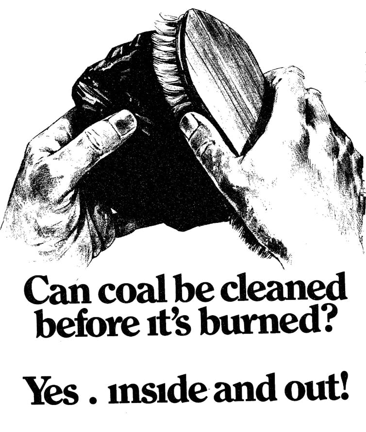 Two hands hold a lump of coal and a scrub brush and appear to be scrubbing the lump of coal. It says 'Can coal be cleaned before it's burned? Yes. Inside and out!'