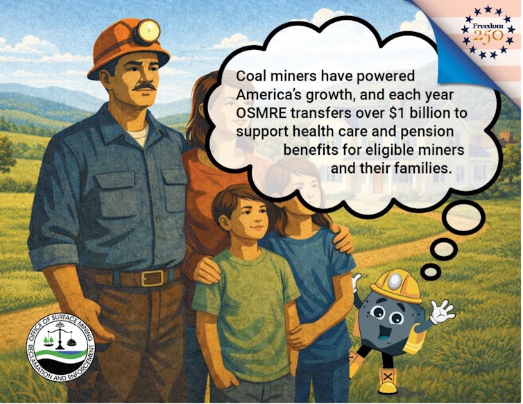 A drawing of a family with a cartoon coal lump looking like a toy.