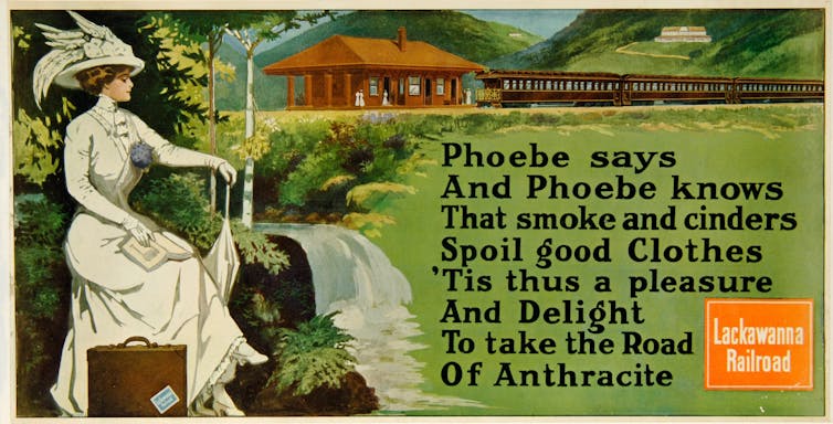 A postcard ad for Lackawanna Railroad featuring Phoebe Snow, wearing white, talks about its use of anthracite coal.