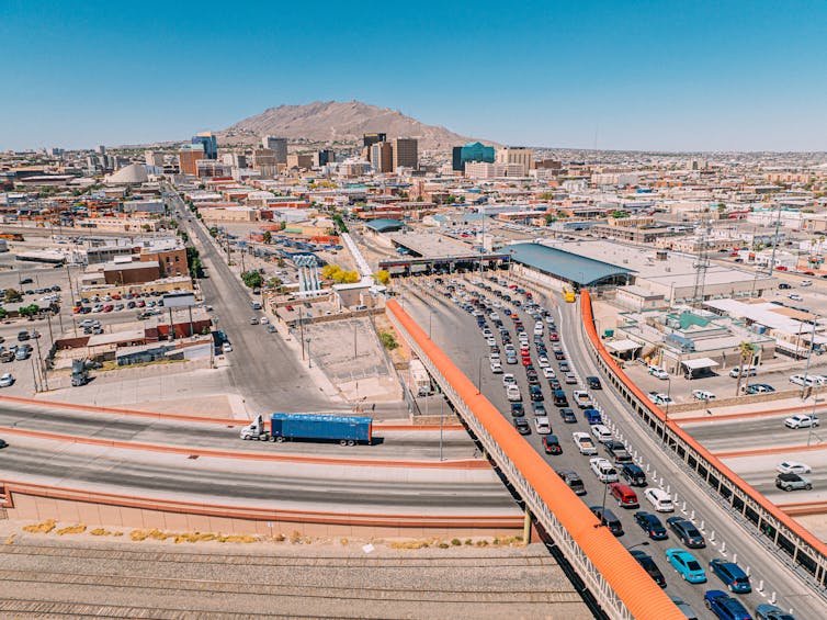 Aerial view of the Paso del Norte International Bridge at the U.S. - Mexico border