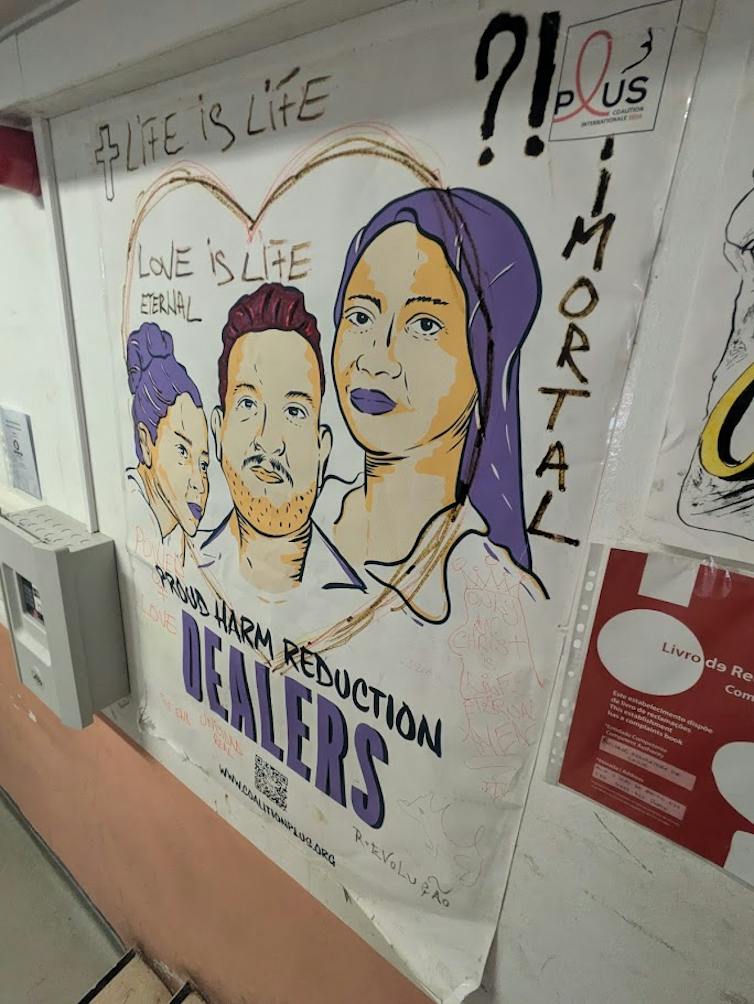 poster depicting 3 people that says Proud Harm Reduction Dealers
