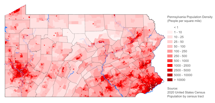 A map shows large population areas in southeastern Pennsylvania